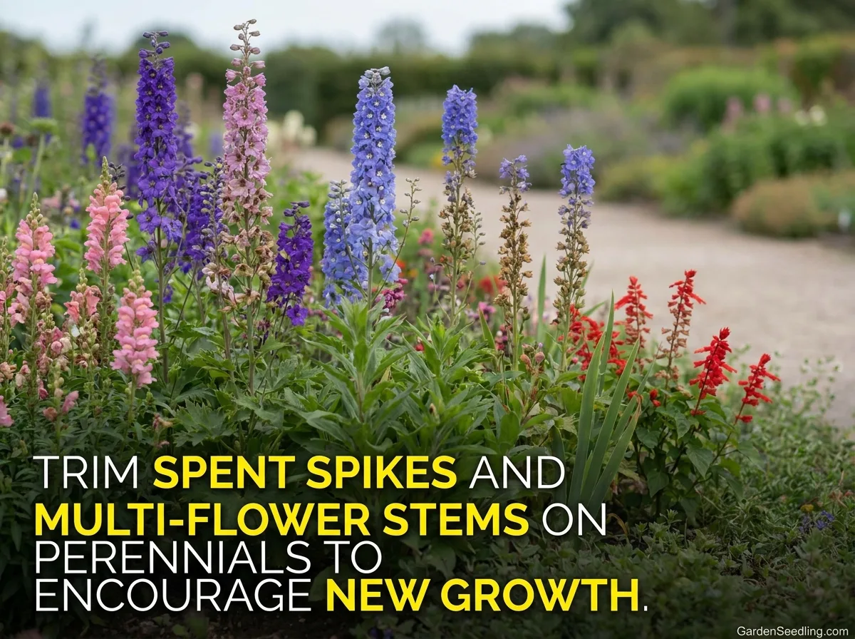 Colorful garden with various flowers in full bloom, showing how deadheading encourages new growth throughout the season.