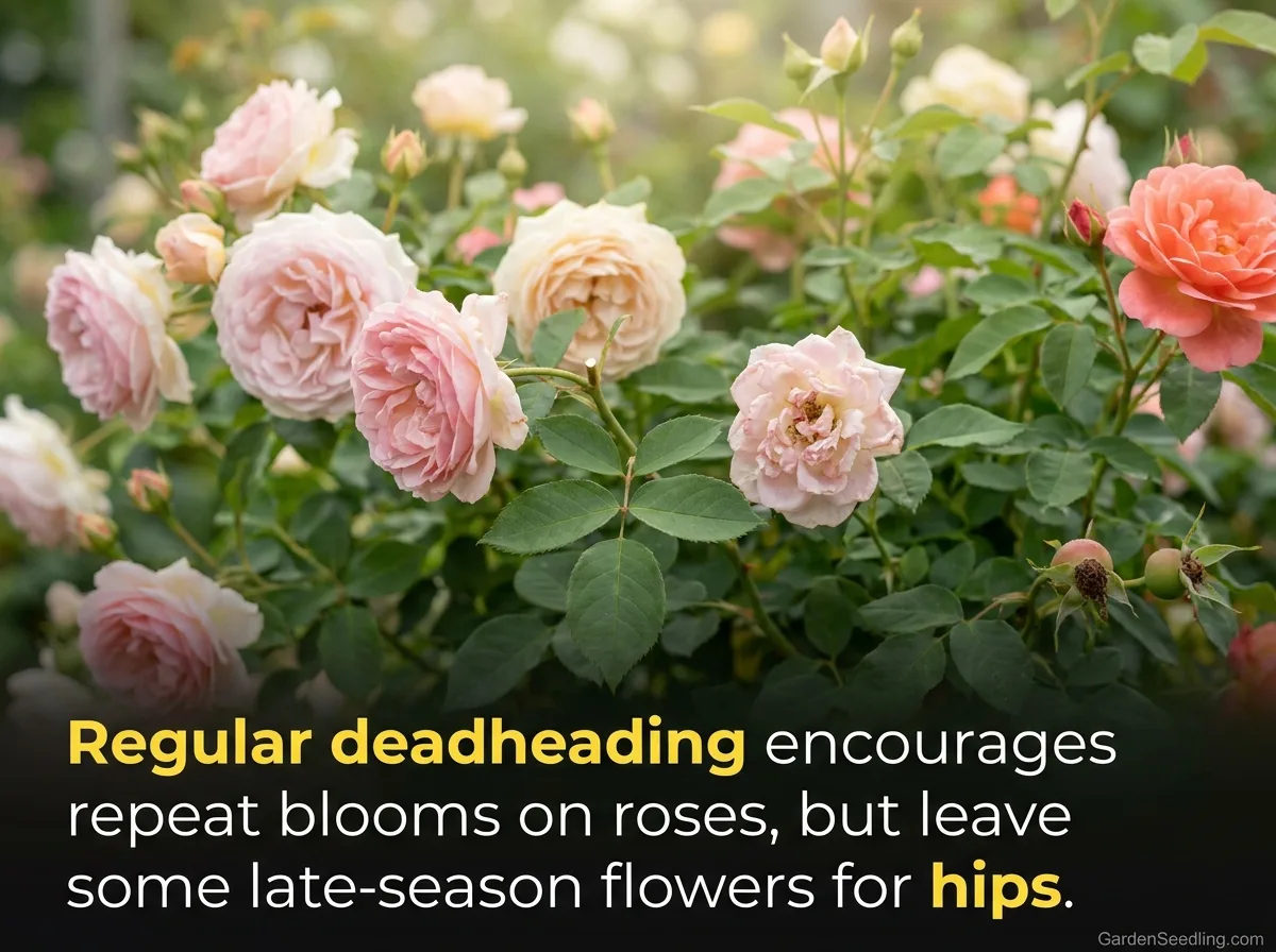 A gardener deadheading pink and white flowers in a lush garden to promote more blooms.