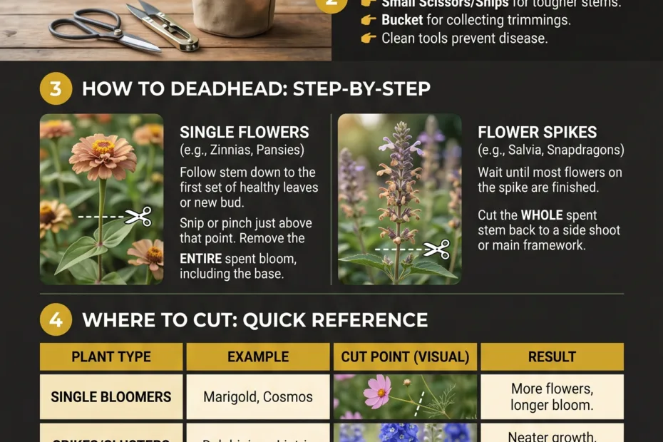 Bright garden flowers with freshly deadheaded blooms showing vibrant and healthy new growth.