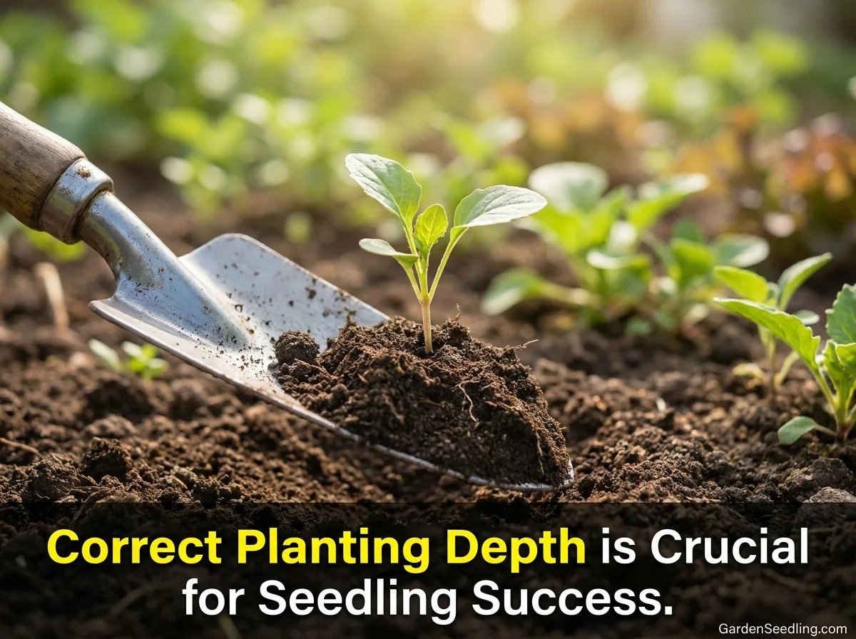 A small plant sprout emerging from soil, with a gardening trowel nearby, illustrating common beginner gardening mistakes like…