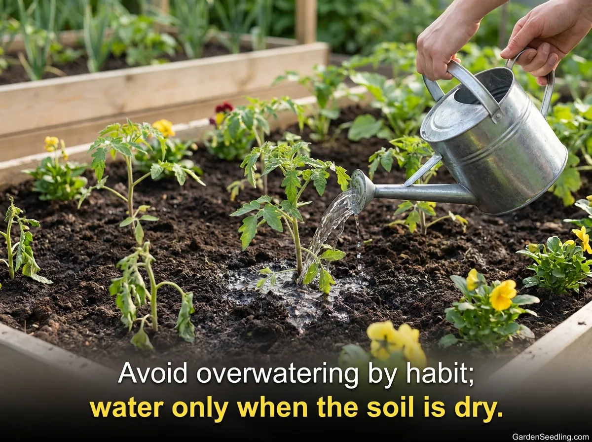 A gardener watering young plants carefully, emphasizing the importance of watering only when the soil is dry to prevent commo…