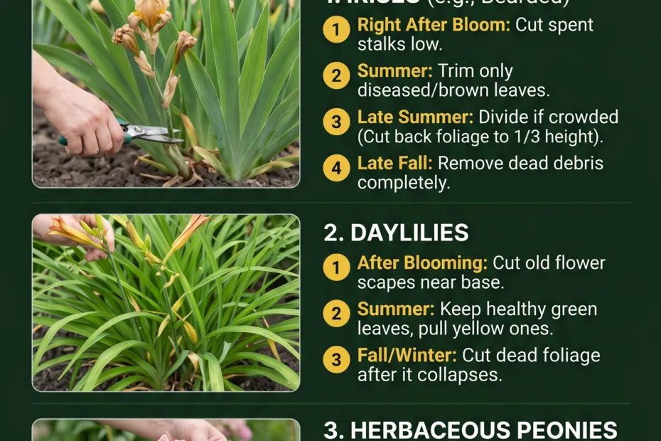 Garden scene featuring blooming irises, daylilies, and peonies, ideal for a vibrant and colorful garden display.