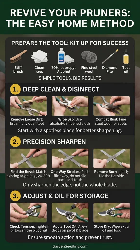 Garden pruners getting cleaned and sharpened for better pruning performance at home.
