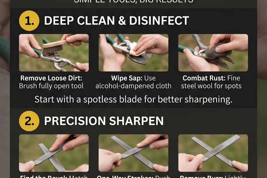 Garden pruners getting cleaned and sharpened for better pruning performance at home.