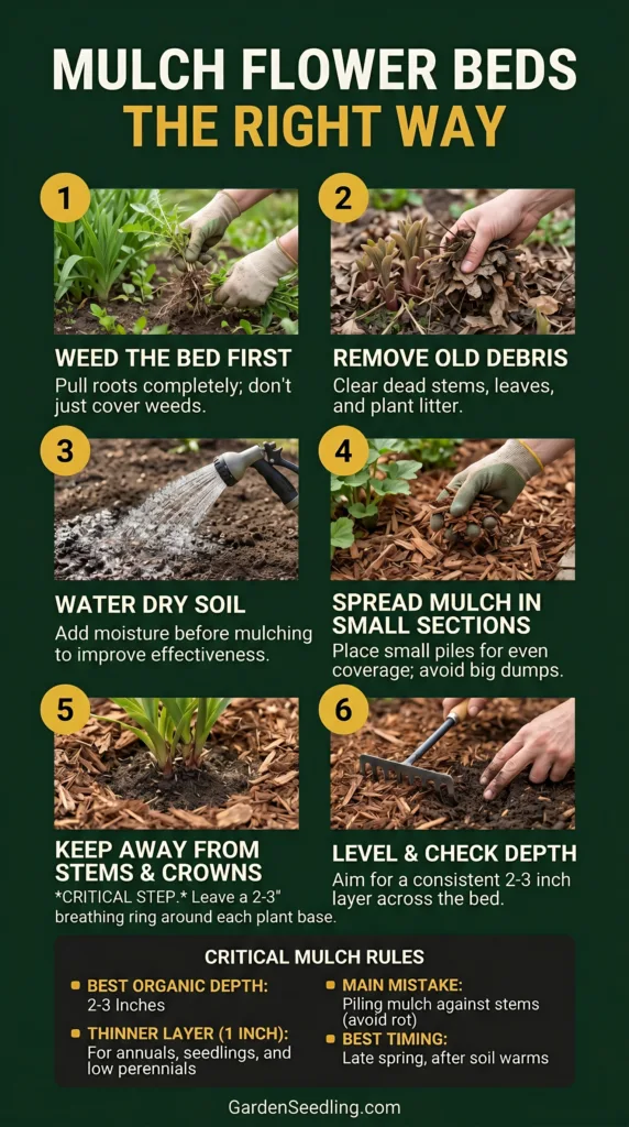 A gardener spreads mulch evenly around blooming flowers to protect plants and retain soil moisture.