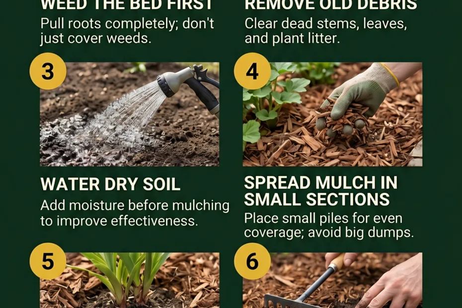 A gardener spreads mulch evenly around blooming flowers to protect plants and retain soil moisture.