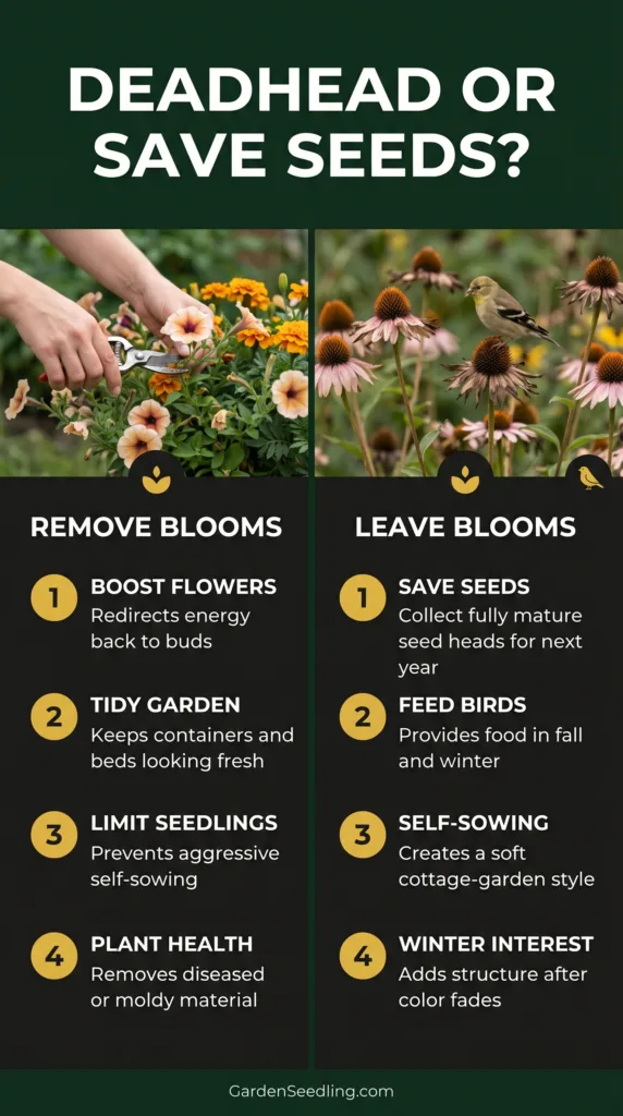 Colorful flowers in a garden showing spent blooms and seed heads, illustrating the choice between removing flowers or leaving…