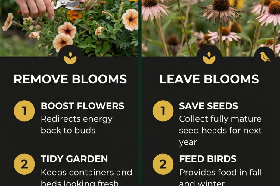 Colorful flowers in a garden showing spent blooms and seed heads, illustrating the choice between removing flowers or leaving…