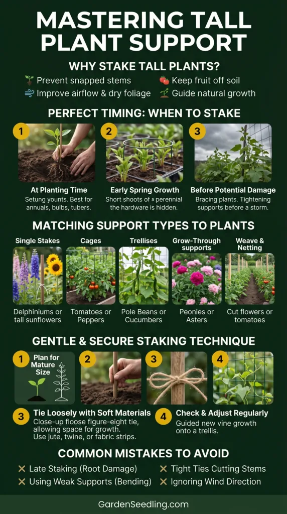 Colorful garden flowers supported by various stakes, illustrating when to stake tall plants and perfect support types.