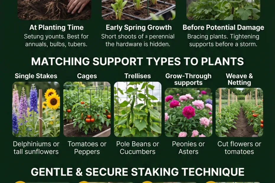 Colorful garden flowers supported by various stakes, illustrating when to stake tall plants and perfect support types.