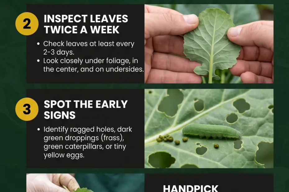 Close-up of a gardener inspecting cabbage leaves for signs of worms in a lush backyard vegetable garden.