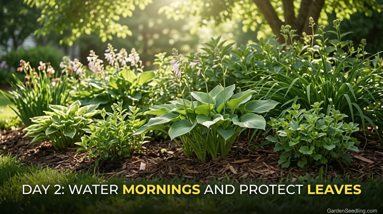 Healthy hostas and seedlings in a garden bed surrounded by morning sunlight and lush greenery.