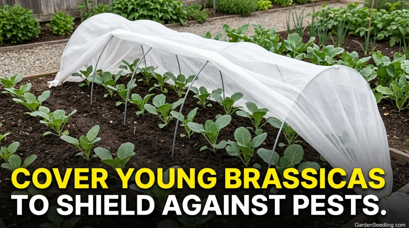 Young brassica plants growing protected by row cover against cabbage worm damage in a backyard garden.