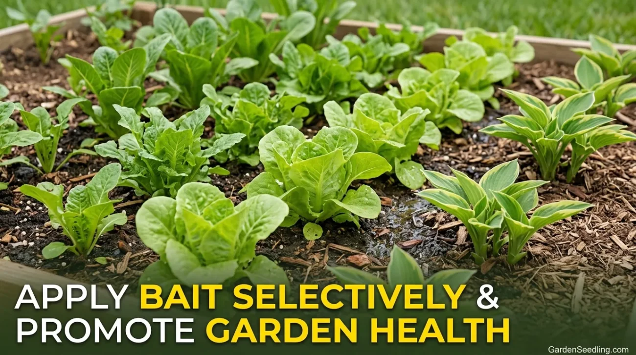 Lush green hostas and seedlings grow in a garden bed, showing healthy foliage among natural pest deterrents.