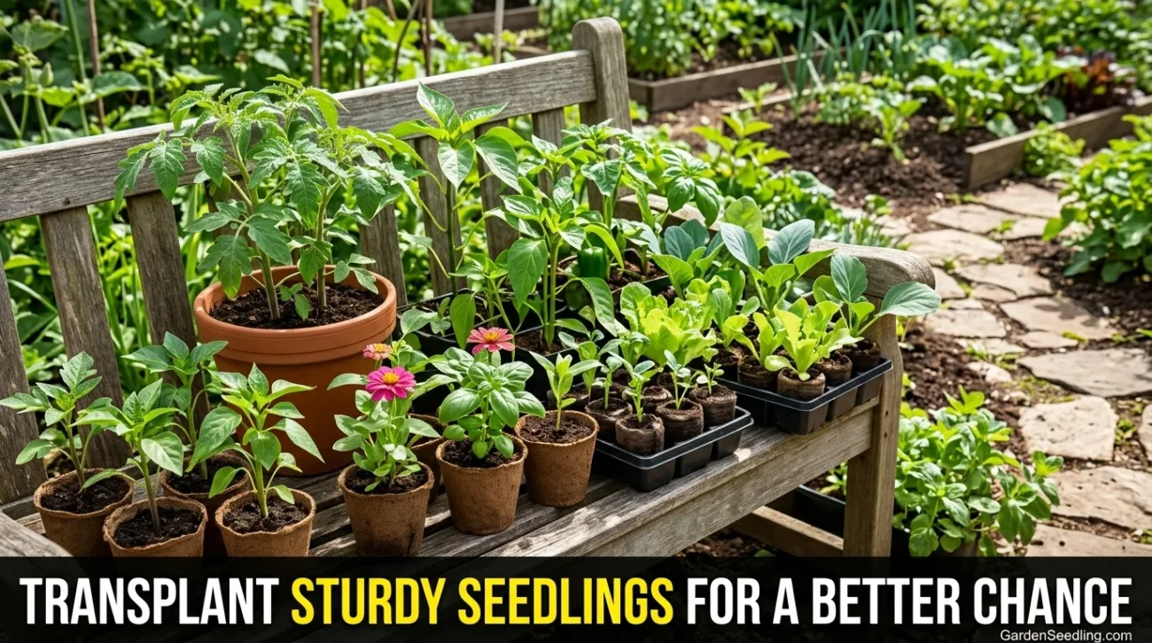 Potted hostas and seedlings grow in a garden bed, with a wooden bench and lush greenery in the background.