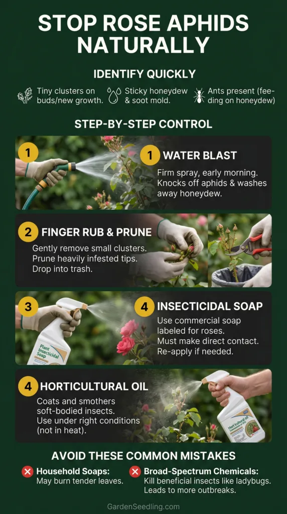 Close-up of a gardener using water spray and natural remedies to eliminate aphids from rose bushes.