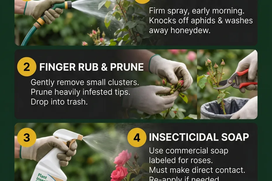 Close-up of a gardener using water spray and natural remedies to eliminate aphids from rose bushes.