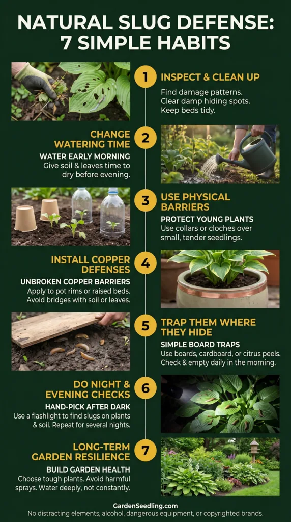 A gardener places a copper barrier to prevent slugs from eating hostas and seedlings naturally.