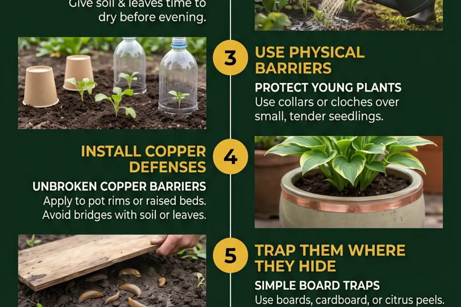 A gardener places a copper barrier to prevent slugs from eating hostas and seedlings naturally.
