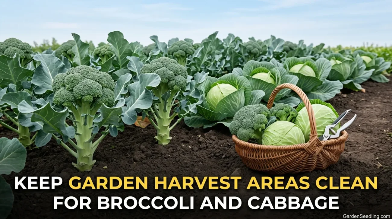 Fresh broccoli and cabbage grow in a backyard garden with lush green leaves and thriving cabbage plants.