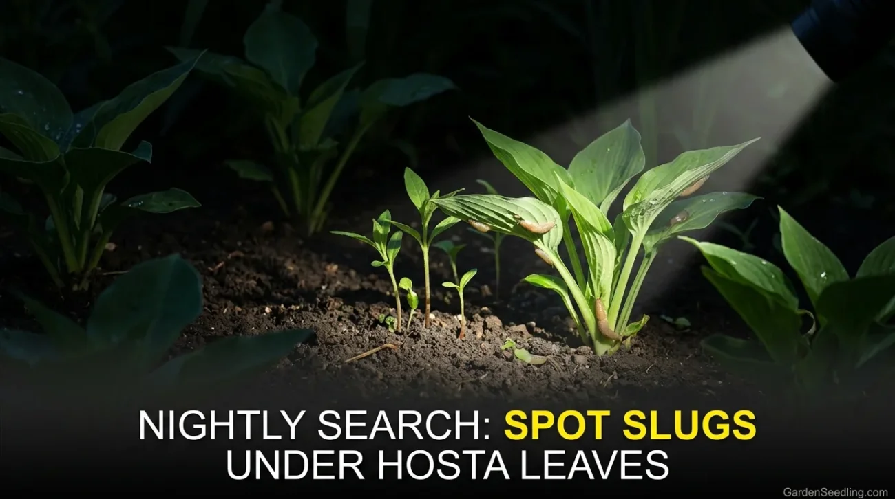 Young hosta seedlings grow in a garden bed with lush green leaves and dark soil around them.