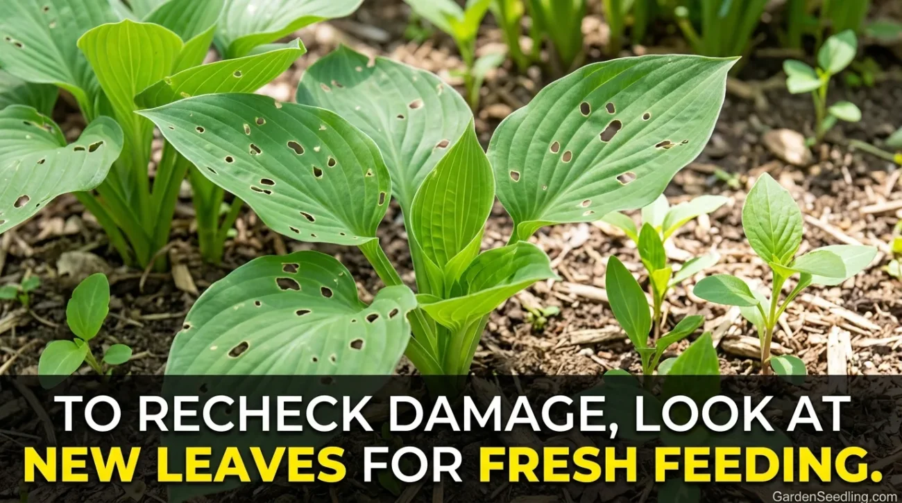 Healthy hosta leaves grow in a garden, showing resistance to slug damage among vibrant green foliage.