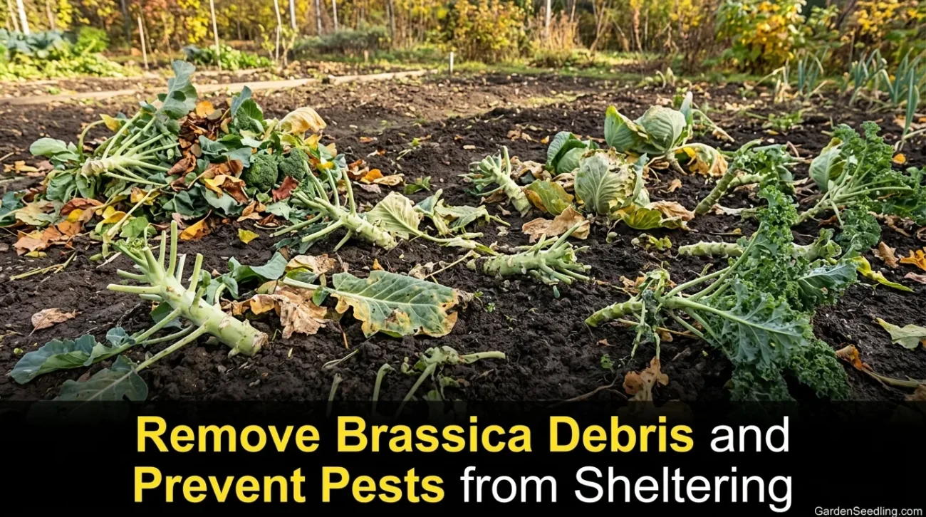 Cabbage plants in a garden bed showing signs of pest control for worms and debris removal