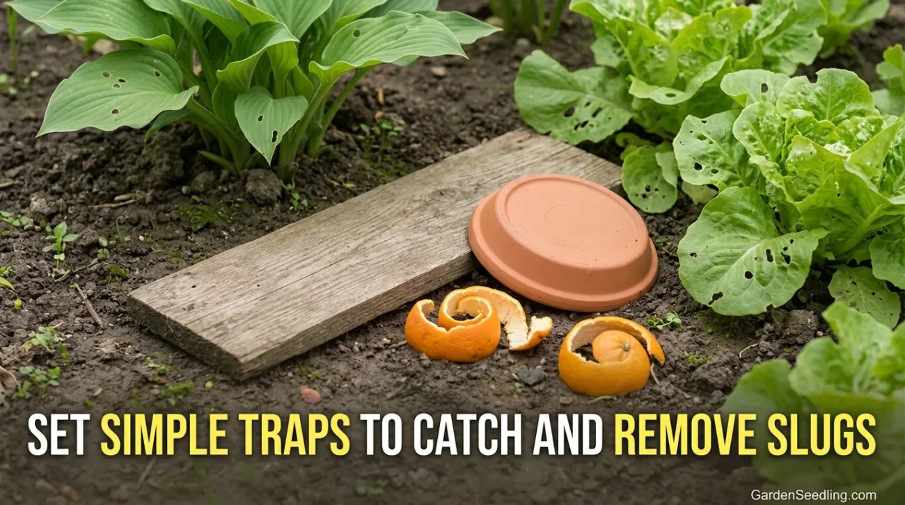 Copper traps placed on soil near hostas and seedlings to naturally stop slugs from eating young plants.