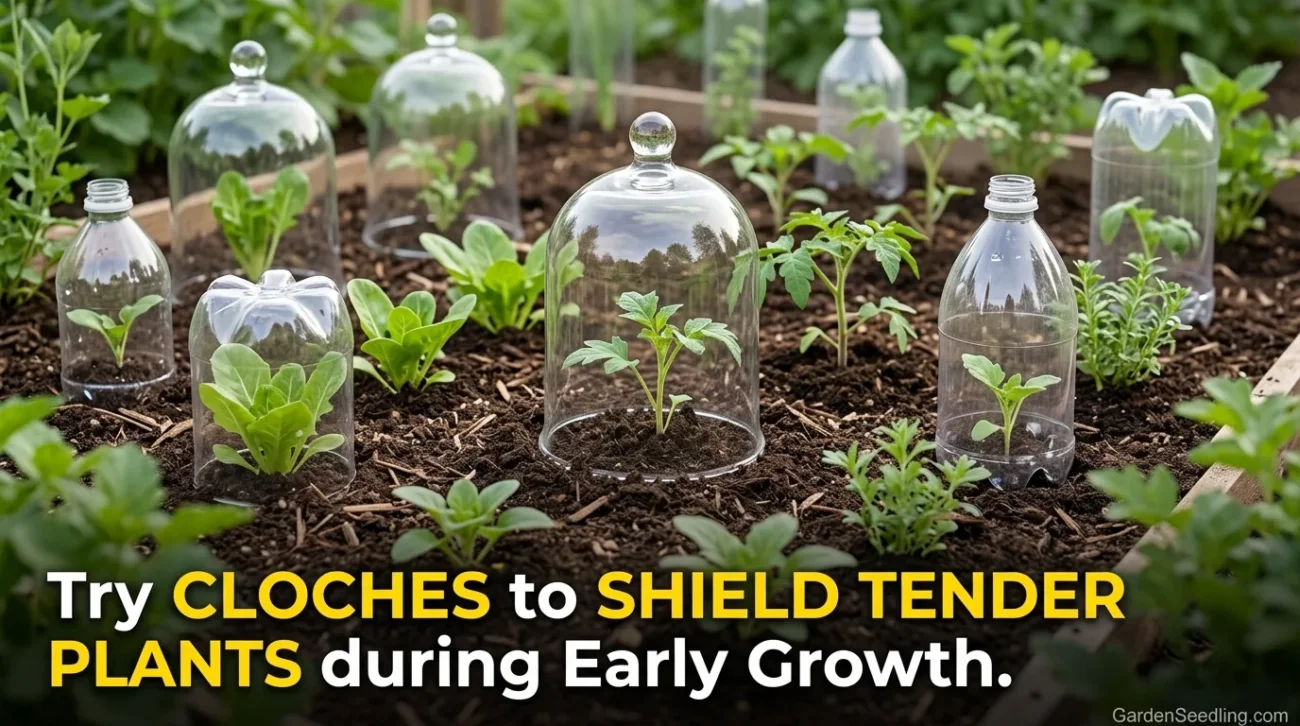 Small seedlings protected with cloches in a garden to stop slugs from eating hostas and seedlings naturally.