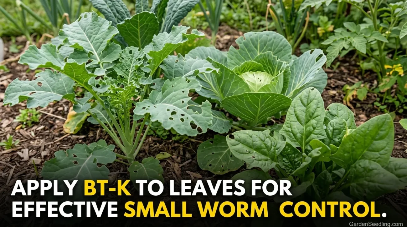 Close-up of leafy cabbage plants with small worms and damaged leaves in a backyard vegetable garden.
