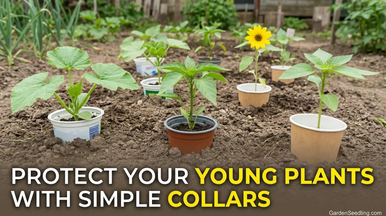 Young sunflower plant growing in a garden bed nearby flower pots, suggesting natural ways to protect hostas and seedlings fro…
