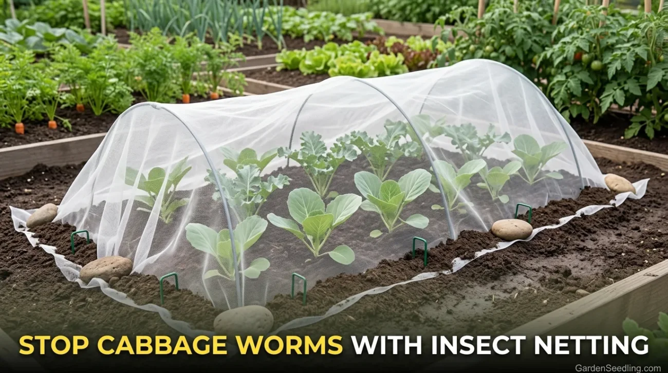 Small cabbage plants growing under insect netting to keep cabbage worms out of backyard garden.
