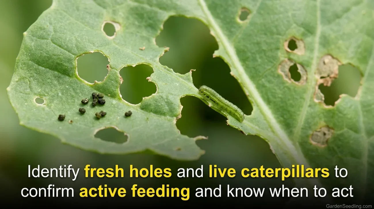 Close-up of a leafy cabbage plant with pests and holes, illustrating the need for cabbage worm control in gardens.