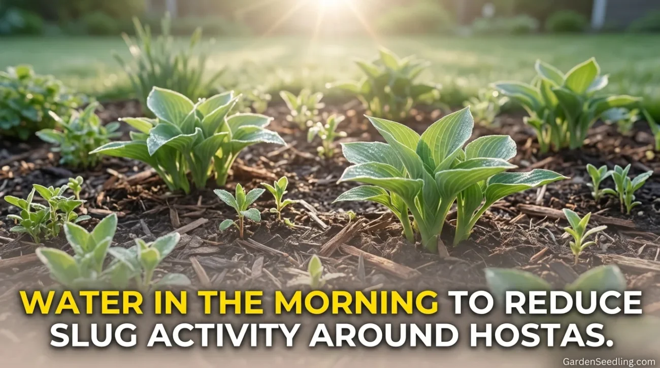 Healthy hostas and seedlings thrive in the morning sunlight in a garden bed.