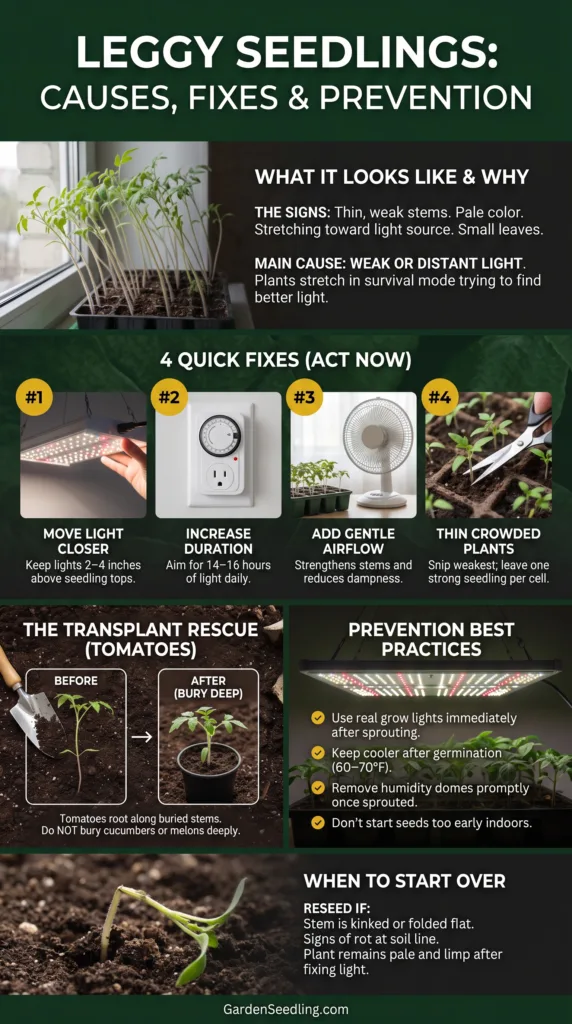 Seedlings growing tall and spindly indoors with elongated stems due to insufficient light, causing them to stretch toward ava…