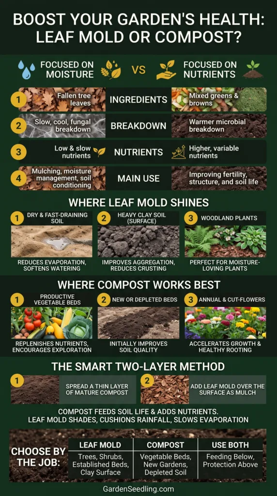 Close-up of a garden table with leaf mold and compost, illustrating different soil amendments for healthy gardening.