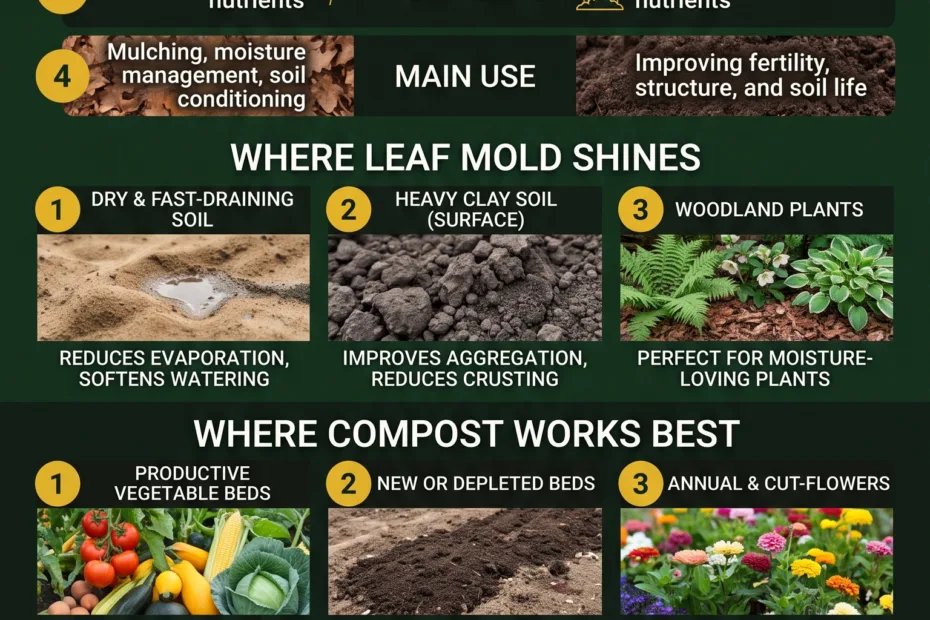 Close-up of a garden table with leaf mold and compost, illustrating different soil amendments for healthy gardening.