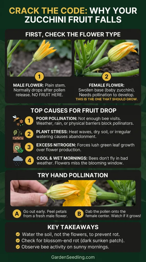Zucchini flowers with fallen petals, illustrating common reasons why flowers drop without producing fruit, like poor pollinat…