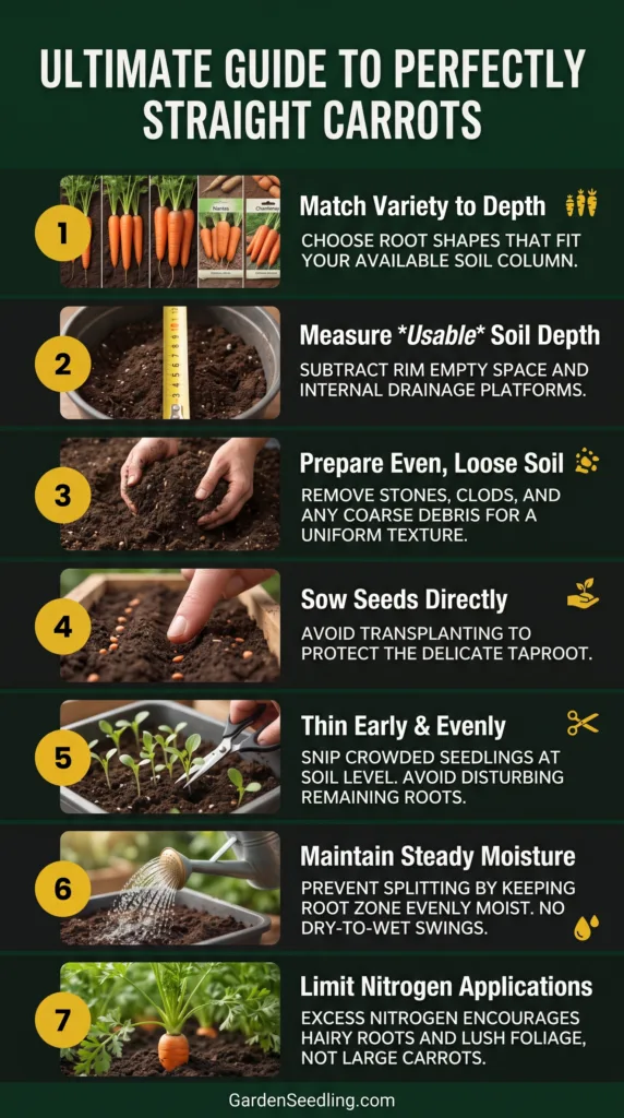 Close-up of straight carrots growing in a garden bed, emphasizing healthy root development for container and raised bed garde…