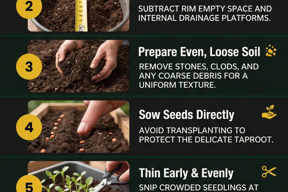 Close-up of straight carrots growing in a garden bed, emphasizing healthy root development for container and raised bed garde…