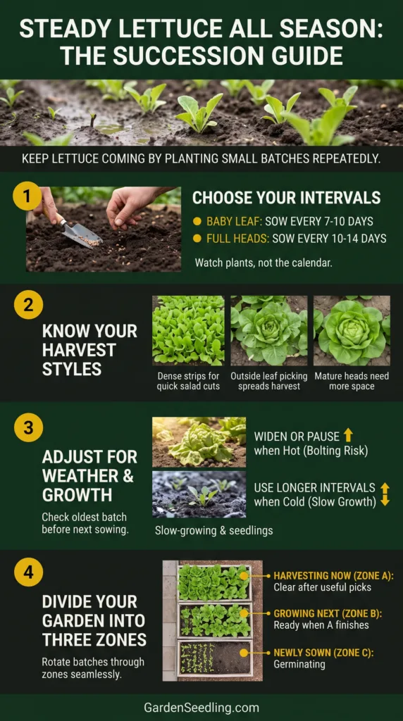 Multiple lettuce varieties grow in a backyard garden, demonstrating how succession planting extends harvest time.