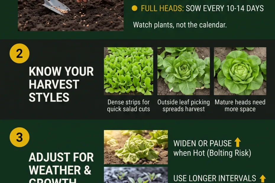 Multiple lettuce varieties grow in a backyard garden, demonstrating how succession planting extends harvest time.